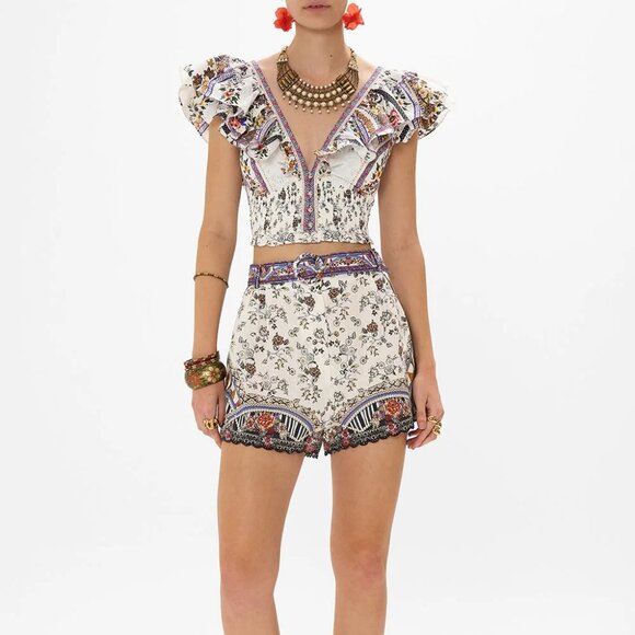 Deep V Frill Short Sleeve Top Cropped Shirt in "My Folk Art Heart" print - Picture 8 of 16